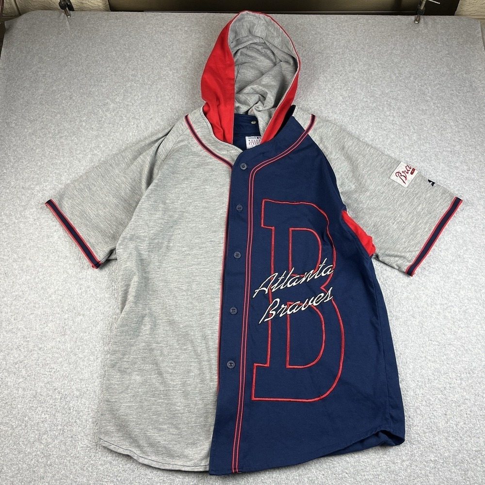 VTG Atlanta Braves Jersey Mens Large Starter Baseball Jersey Hood MLB Blue 90s